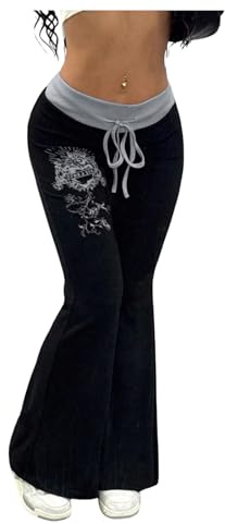 SOLY HUX Women's Goth Flare Pants Grunge Pants Flare Leggings Bootcut Bell Bottoms Emo Scene Y2k Clothes Black and Grey Graphic Large