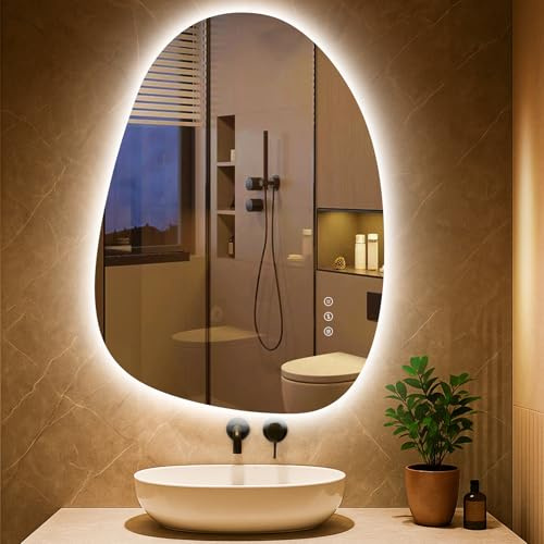 PESENXAN Asymmetrisk LED-badrumsspegel med belysning 83 x 60 cm, dimfri, 3 ljusfärger justerbar spegelbadrum med belysning, dimbar, med minnesfunktion, energibesparande, horisontell/vertikal