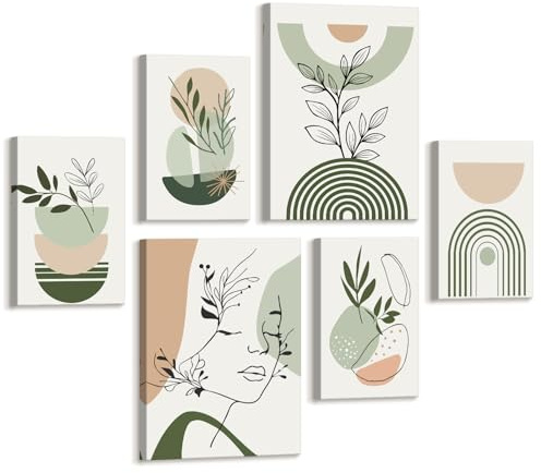 6 Pcs Boho Salvia Verde Geometrico Linee Moderni Quadri Per Soggiorno Con Cornice, Minimalista Piante Foglia Quadro Su Tela Ragazze Viso Sagoma Stampe Da Parete Decorazioni per Camera da Letto Cucina