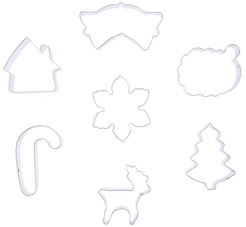 jojofuny Set de 7 Cortadores de Galletas Navideñas de Acero Inoxidable Formas de Bastón, Árbol, Campana y Muñeco para Fiesta y Hornear Facilidad