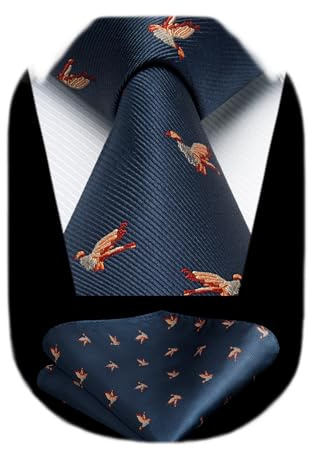 HISDERN Pheasant Tie for Men Navy Blue Ties Handkerchief Novelty Animal Pattern Wedding Necktie & Pocket Square Set
