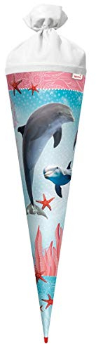 ROTH Schultüte groß Delfin mit Seesternen 70 cm - rund Rot(h)-Spitze Filzverschluss - Zuckertüte