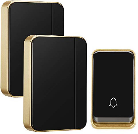 『No Battery Required』AURTEC Wireless Doorbell,Waterproof Door Chime Kit with 1 Press Self-Powered Transmitter & 2 Plug-in Receivers,51 Chimes,4 Volume Levels,No Battery Required,Black