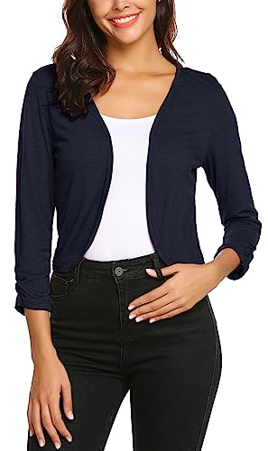 Parabler Damen Bolero Dunkelblau 3/4 Ärmel Schulterjacke Elegant Kurze Cardigan Shrug Strickjacke Leichte Casual Open Front Bolerojacke Sommer M