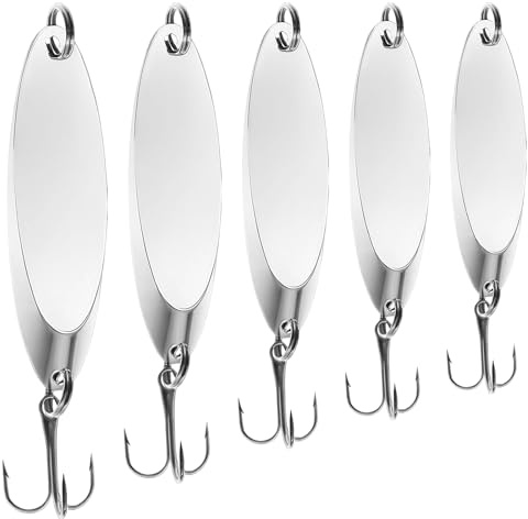 FREGITO 5pcs Fishing Spoons, Trout & Bass Lures, Hard Metal Spinner Baits (Silver-A)
