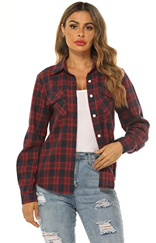 Ietaoo Camicetta Donna Camicia a Quadri Cotone Elegante Blusa Maniche Lunghe Casual Boyfriend Camicie Flanella Shirt Blu Navy S