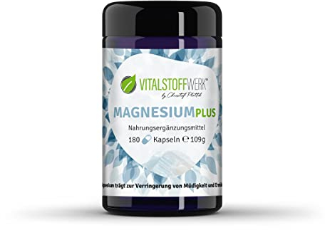 Magnesium Plus, VITALSTOFFWERK®, 180 Magnesium Kapseln, 4 Magnesiummineralien (Magnesiumcarbonat, Magnesiumcitrat, Magnesiumglycerophosphat, Magnesiumoxid), 109 g