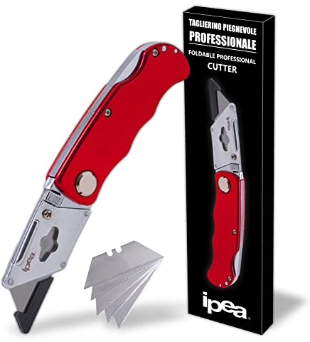 IPEA Taglierino Pieghevole Professionale con 5 Lame di Scorta a Cambio Rapido – Made in Italy – Lama in Acciaio, Corpo in Alluminio, Blocco di Sicurezza – Cutter Coltello Tascabile per Lavori