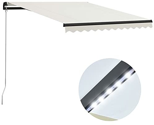 Homgoday Toldo retráctil, manual, para exterior, toldos para balcón, toldo con brazos extensibles, toldos con LED, 300 x 250 cm crema