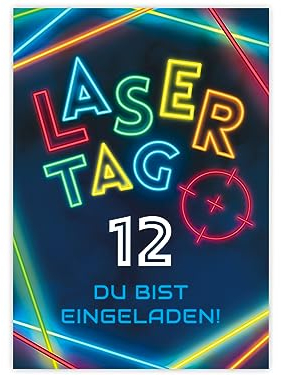 Minkocards 12 Einladungskarten zum 12. Kindergeburtstag Lasertag Laser Tag bunt Mädchen Jungen Einladungen zwölfte Geburtstag Kinder bunte Geburtstagseinladungen