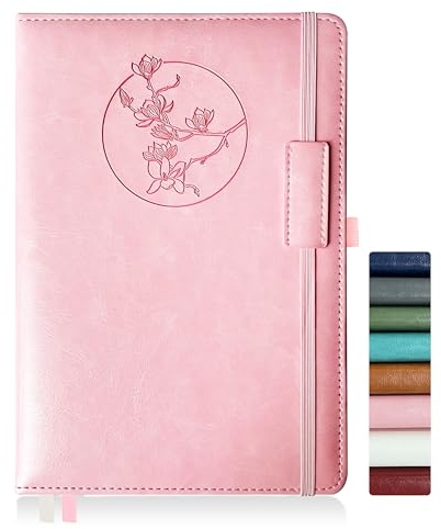 Qefuna Notebook Journal für Frauen Männer, 256 Seiten A5 Hardcover Leder Journaling Notizbücher für die Arbeit, liniertes Journal/Notizbuch mit 100Gsm Papier, Stifthalter 5.8×8.4(Rosa)