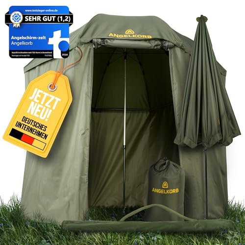 Angelkorb Angelschirm mit Seitenwand 2,50 m – Angel Sonnenschirm & Schirmzelt, wasserabweisend, Moskitoschutz, 45° neigbar – Karpfenzelt für Camping & Outdoor