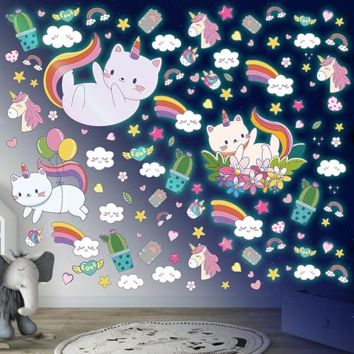 Sticker Mural Phosphorescent Chat Étoile Lumineuse Plafond Stickers Muraux Autocollant Mural Licorne Stickers Muraux Enfants arc-en-ciel Décoration Chambre Enfant et Bébé Deco Chambre Fille Vert