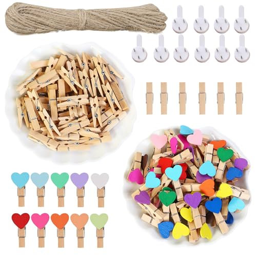 HAYGEM 100 Pezzi Mollette per Bucato, Due Stili, Mollette Legno Minimaliste, Mollette per Foto Dotati di Due Corde da 10 Metri, per Decorare Pareti Fotografiche e Asciugare Calzini