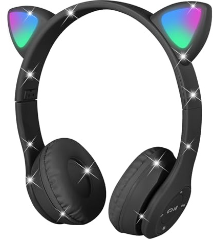AXFEE Bluetooth-hörlurar för barn, LED-upplysta kattöra, trådlösa/trådlösa, HD-stereoljud, hopfällbara hörlurar för barn, dator, telefon, iPad, lärande, skola, lämplig