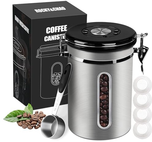 1800ML Coffee Canister with Window, 600G Airtight Stainless Steel Kitchen Food Storage Container, Date Tracker and Scoop for Grounds Coffee Bar Accessories, Beans, Tea, Flour, Cereal, Sugar, 22OZ
