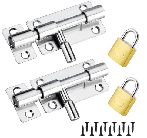 2 Stück Edelstahl Türriegel aus 304 Stahl Schwarzer Sicherheitsriegel mit Schiebeschloss & Bolzenriegel, inkl 12 Montageschrauben Kleinem Riegelschloss für Garten, Lagerhaus, Fenster (silvery)