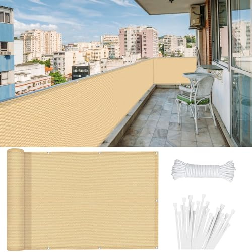 Pantalla para Balcón 110 x 650 cm 220G/M² Densidad HDPE UV Protección Transpirable, Fácil Instalación Pantalla HDPE para Balcón para Jardín, Vayas O Piscina, Amarillo Arena