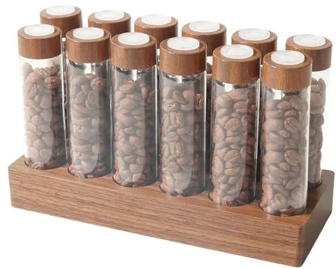 Rersduyt Wooden Stand Holding 12 Test Tubes-Coffee Bean Storage Single-Dose Glass Container 12 One-Way Air Valves
