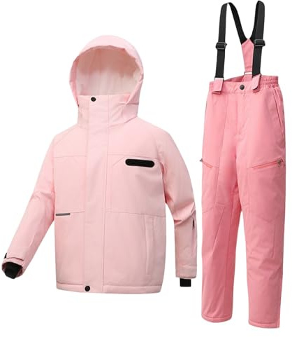 Tuta da sci invernale imbottita per ragazzi e ragazze, 2 pezzi, tuta da neve antivento con cerniera con cappuccio giacca da sci in piumino salopette con pantaloni termici spessi, rosa, 7-8 Years