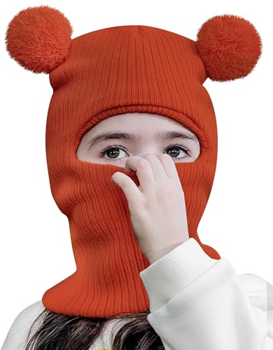 KAKU NANU Stickad mössa för pojkar med balaclava, pom och öronmuffar för pojkar och flickor i åldrarna 2 till 8 år, Röd röd, 9-15 años