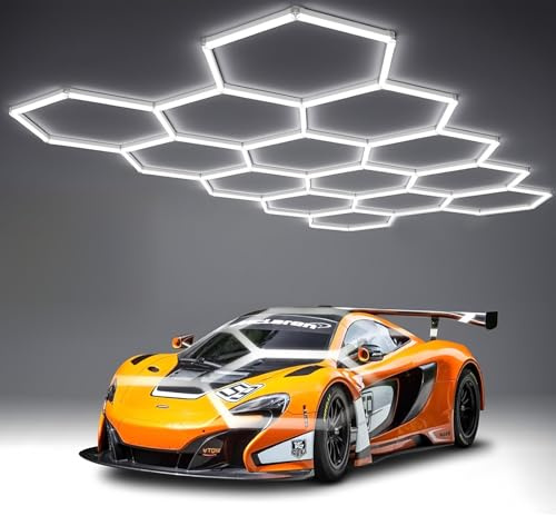 Tiyahomey 14-Hexagon LED Garage Light, 600W 60,800LM Honeycomb Ceiling Light with T5 Tube Rectangle, 6500K Ultra Bright Hexagon Light for Garage, Auto Detailing, Workshop (57PCS Panels)