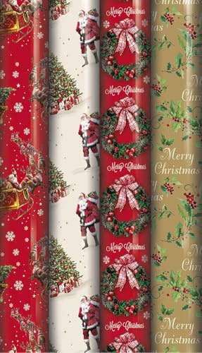 4 X 10M ROLLS CHRISTMAS XMAS WRAPPING PAPER ASSORTED DESIGNS ASOS SANTA BELL XMAS TREES STOCKING RUDOLPH TRADITIONAL