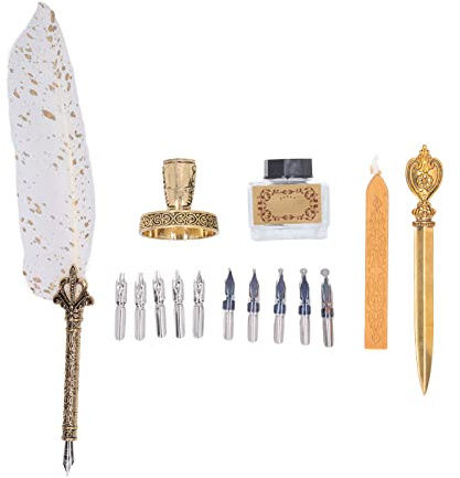 Set penne con 10 pennini intercambiabili, set penne d'oca per calligrafia, strumento da scrittura vintage con cera laccata a fuoco, tagliacarte, portapenne e boccetta (Bianca)