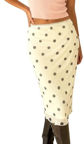 Edhomenn Womens Polka Dot Skirt Low Rise Elastic Waist Slim Fit Midi Skirt Mesh Sheer Double Layer Retro Skirt Ruffle Hem Cute Knee Length Skirts Concert Party Outfits