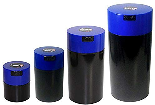 Tightvac kapslad uppsättning av 4 vakuumförseglade förvaringsbehållare, 4 storlekar: 640 g, 340 g, 170 g, 85 g, solid svart kropp/Dk. Blå keps