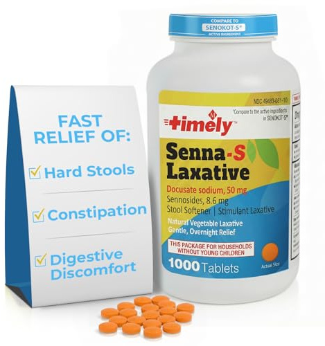 Timely Senna S Laxative - 1000 Count Tablets - Compared to the Active Ingredients in Senokot-S - Natural Vegetable Based Laxatives for Constipation Relief, Gentle Overnight Relief and Stool Softener
