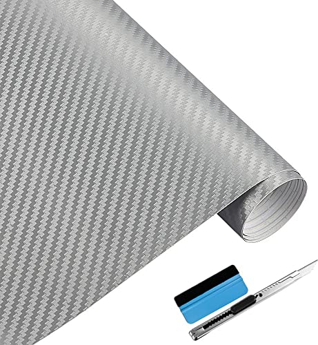 NewL 3D Silberfarbene Karbonfaser-Vinylfolie mit Luftfreigabe-blasenfreier Klebefolie, inkl. Montagewerkzeug, 45 cm x 152 cm