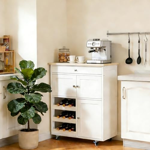 RELAX4LIFE Carrello da Cucina con Cassetti, Rotelle, 3 Portabottiglie, 3 Ante, Pannello in Legno,Credenza Cucina per Ristorante, Sala da Pranzo o Salotto, Bianco, 67 x 37 x 85 cm (BIANCO)