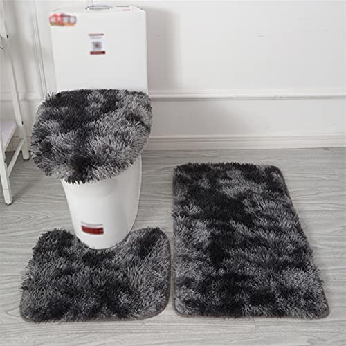 Lifup Tappeti Bagno Antiscivolo 3 Pezzi, Tappetino Rettangolo a Pelo Lungo Morbida Soffici, Tappetino per WC, Copertura per WC Coperchio Peloso tie dyed nero
