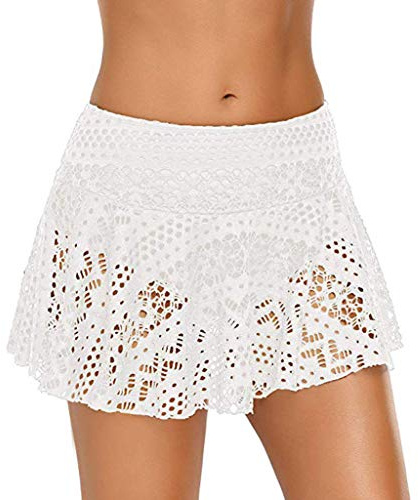 Dam spets badkjol med innertrosa urholkning hög midja strandkjol mage väg simning kjol basic badkläder damer eleganta badmode kort kjol bikinikjol inbyggda bikinibyxor sportkjol strandbikini, Vit, M