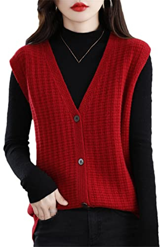Gilet Cappotto Giacca Donna 100% Lana Merino Senza Maniche Cardigan Maglione Maglione Pullover Top, Rosso, L