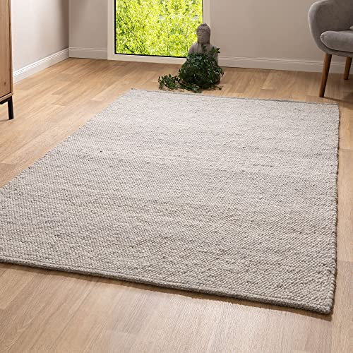 Steffensmeier Handwebteppich Leo | veredelte Schurwolle | Wohnzimmer | Fusselstopp | Grau Beige, handgewebt, Größe: 240x240 cm
