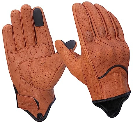 Harssidanzar Herren Motorradhandschuhe Ziegenleder Vollfinger Atmungsaktives und Perforiertes Design Touchscreen Sommer Motorradhandschuhe CM043EUA, C1-Bräunen,Größe S
