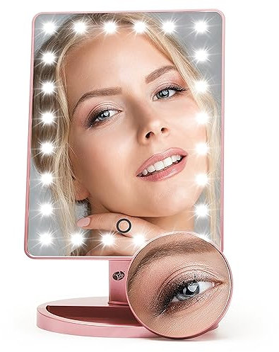 Rio Rose Gold 24 LED Makeup Mirror with Compact Removable 10x Magnifying Mirror, Portable Travel Vanity Mirror, Touch Switch for Adjustable Brightness, Makeup, Contact Lens, Shaping Eyebrows, Shaving.