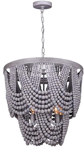 Canarm Solana 5-Light Chandelier, Grey Finish with Real Wood Beads, Boho Ceiling Light for Dining Room, Living Room or Foyer