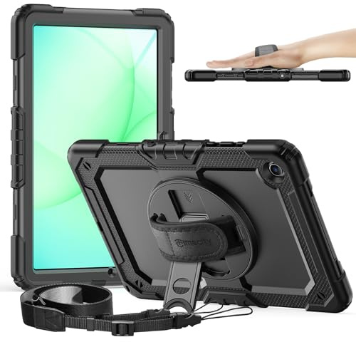 Timecity für Samsung Galaxy Tab A11+ Plus/Tab A9+ Plus 11 Zoll, 2025/2023,Stoßfeste Robust Hülle mit Displayschutzfolie, 360°Drehbarem Ständer, Handschlaufe,Schultergurt, Stifthalter,Schwarz