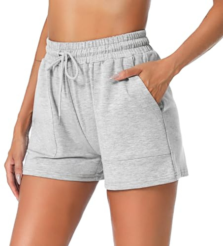 Irdcomps Pantalón Deportivo Mujer Verano Shorts Deporte Jogging Fitness Corto para Correr Algodón Pantalones Sudor Ciclismo Salón Cintura Alta con Bolsillos Gris，S