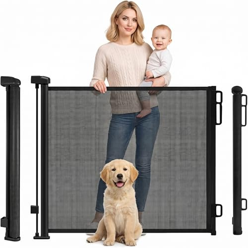 Rainberg Retractable Stair Gate for Baby & Pet with Secure 2-Step Lock 150cm Wide & 80cm Tall, One Hand Operated Baby Gate, Child Safety Gate for Doorways Stairs, Hallways, Kitchen (Black)