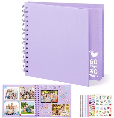 DazSpirit Fotoalbum zum Selbstgestalten, 8-inch Fotobuch zum Einkleben, Quadratisches Hardcover-Scrapbook und Gästebuch Geburtstag für Abschluss, Hochzeit, Babys, mit 5 Aufkleber, 60 Seiten, Lila