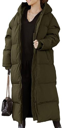 Qolkmuiy-GJ Women Long Hooded Quilted Coat Maxi Length Solid Color Puffer Jacket With Hood Winter Fashion Full Zipper Outwear (Green 2,XL)
