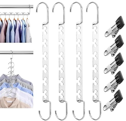 Platzsparende Kleiderbügel,Magic Metall Garderobe Organizer,rutschfeste Schrank Organizer 4PC Platz Max Kleiderbügel Mit Wäscheklammern,für Hosen Hemden Anzug und Kleider