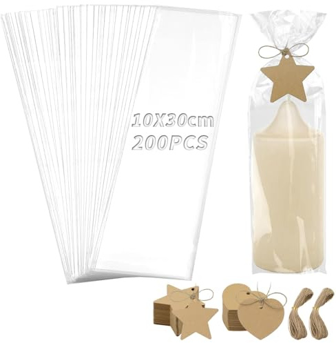 TXXATX Juego de 200 bolsas de celofán de 10 x 30 cm, con 200 etiquetas de papel kraft y cuerda para velas, dulces, galletas, bodas, fiestas, San Valentín