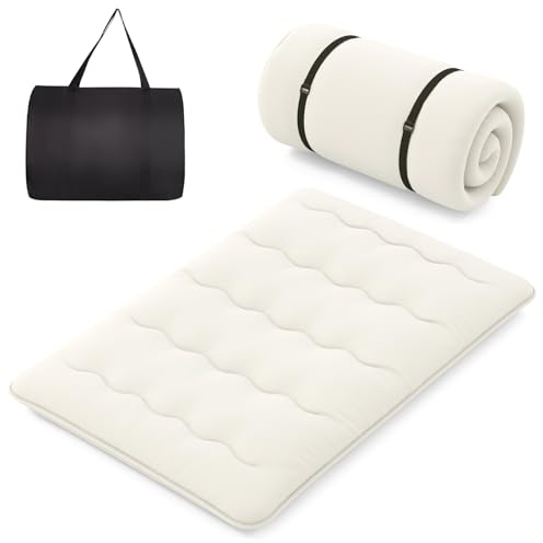 COSTWAY Matelas Futon Portable Pliable, Matelas Futon Japonais 140 x 200 cm, Housse Lavable, Matelas de Sol avec Sac de Transport, pour Camping, Les Voyages, d'Invités, Beige