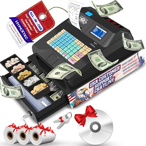 2025 HypeXtec Smart Cash Register for Small Business with Cash Drawer,Waterproof&Oil-Proof Electronic Calculator Cash Registers Dual Display and Auto Print Receipt