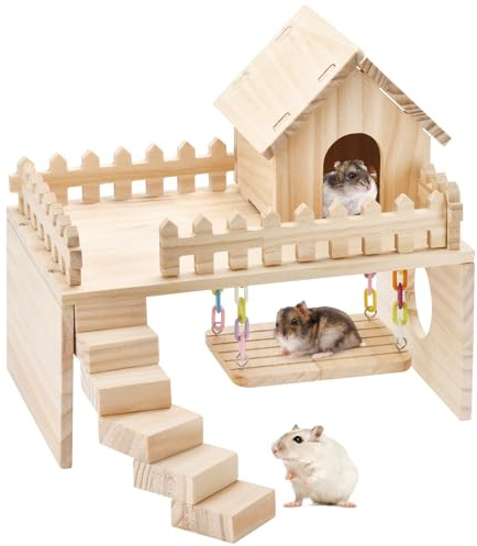 Wooden Hamster Hiding Place, Hamster Cabin with Ladder, Swing Platform Decoration, Detachable Small Animal cage Accessories, Suitable for mice, Sand Rats and Other Small Pets